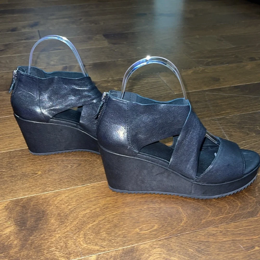 Eileen Fisher Black Leather Crisscross Wedge Sandals